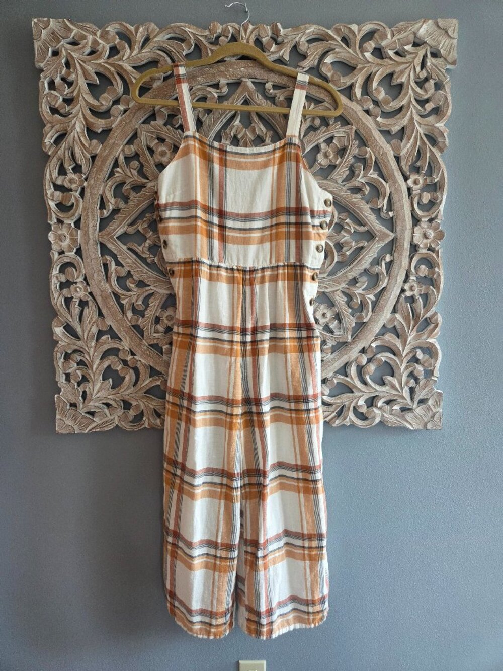 American Eagle Plaid Wide Leg Jumpsuit Linen Blend Size 12 Button Straps Pockets